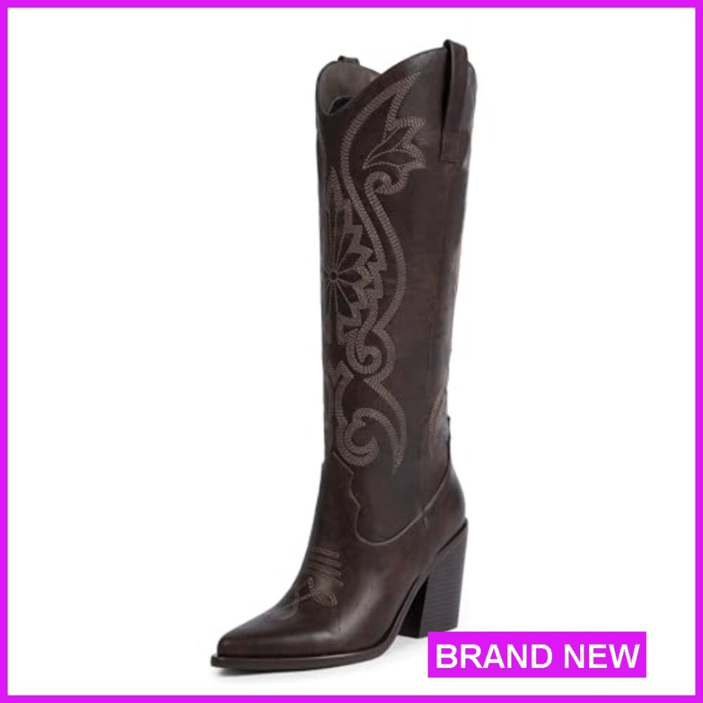 Knee High Cowboy Boots Embroidered Western Chunky Heel Pointed Toe Slip On - Picture 4 of 7